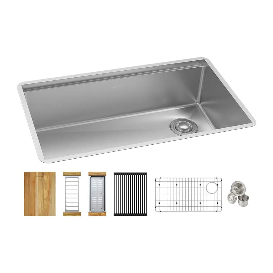Crosstown 31-1/2" Undermount Single Basin Stainless Steel Kitchen Workstation Sink with Basin Rack, Basket Strainer, Colander, and Cutting Board
